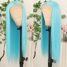 13X4 Gorgeous Neon Green Hair Synthetic Lace Front Wigs 28 Inch Pre Plucked Long Straight Hair Wigs Glueless Halloween Wigs Heat Resistant Fluorescent Green Straight Lace Front Wigs For Fashion Women For Daily Christmas Party Cosplay Use - Màu xanh nhạt - Xem 3