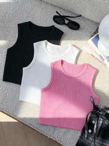 3pcs/Set Tween Girls Casual Ribbed Tank Top, Breathable & Comfortable, Spring/Summer - Multicolor - View 3