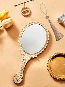 1pc - Vintage Handheld Makeup Mirror - Floral Engraved Coated Makeup Mirror, Retro European Pattern Handheld Travel Mirror Suitable For Handbags And Vanity, Rose Gold Makeup Mirror, Creative Gift For Brides, Teenagers And Vintage Enthusiasts - White - View 11