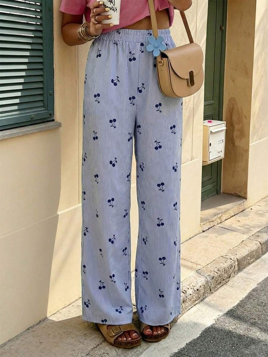 Women's Casual Striped Cherry Print Elastic Waist Pants, Suitable For Spring/Summer Vacation And Daily Wear - Multicolor - View 1