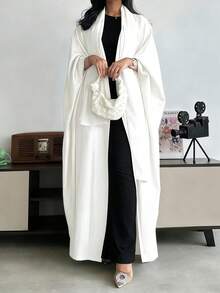 Solid Color Oversized Long Cardigan Robe, Minimalist Batwing Sleeve Open Front Long Robe Outerwear, Conservative Style Daily Wear Versatile Abaya (Excluding Scarf) Spring White - White - View 3
