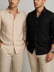 Set Of 2 Men's Long-Sleeved Linen Dress Shirts, Old Money Style, Viscose Linen, Cool, Casual, Italian Collar, Elegant - 黑色/棕色 - 查看 1