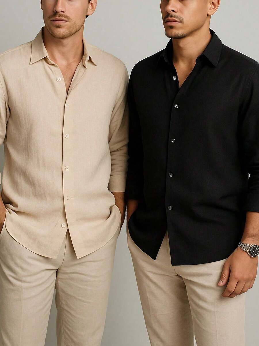 Set Of 2 Men's Long-Sleeved Linen Dress Shirts, Old Money Style, Viscose Linen, Cool, Casual, Italian Collar, Elegant - 黑色/棕色 - 查看 1