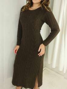 Women's Long Mousse Dress, Long Sleeves, Knit Fabric, Comfortable, Loose Fit, Winter Style, Side Slit - Cà phê - Xem 3