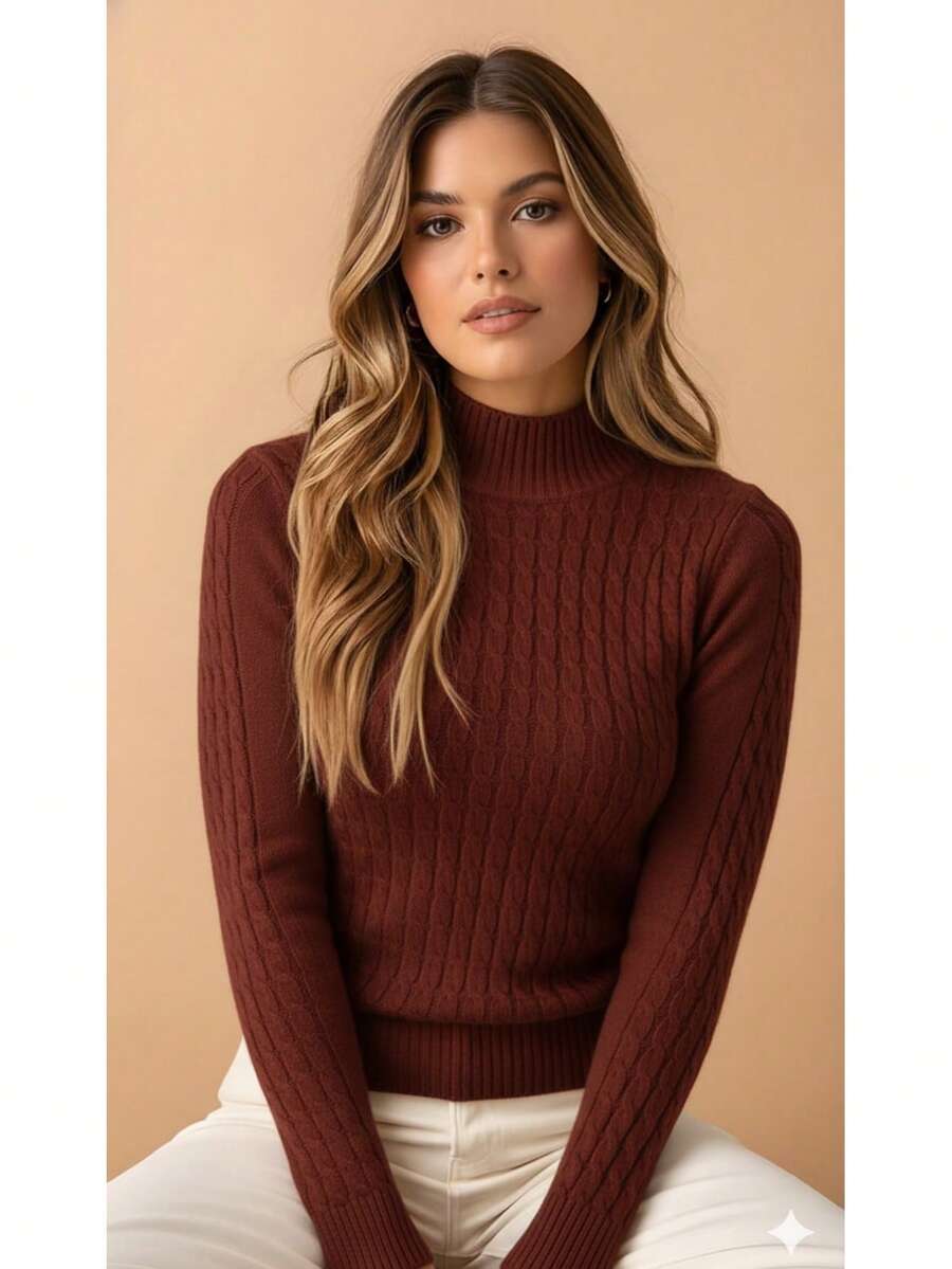 Women's Winter Long-Sleeved Modal Knit Blouse With Braids. Stylish Quilted Knit. Braided Design. - 棕色土壤 - 查看 1