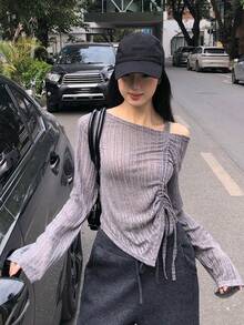 韩式露肩抽绳褶皱长袖T恤 - 灰色 - 查看 8