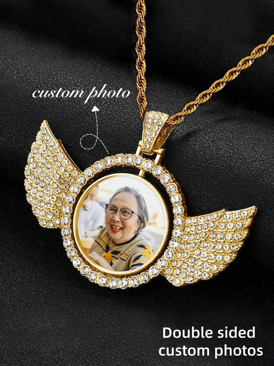 1 pièce Collier pendentif photo personnalisé, collier pendentif design ailes d'ange personnalisé, style unisexe paillettes or/argent vintage minimaliste décontracté Y2K années 2000, convient pour les couples, les amis, la famille, les animaux de compagnie en tant que cadeau personnalisé unique pour l'anniversaire, la fête des pères, la fête des mères, le mariage - Multicolore - Voir 1