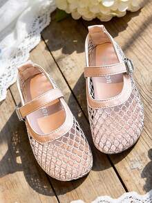 女童网眼芭蕾平底鞋 – 渔网玛丽珍平底鞋，透气时尚芭蕾舞鞋 - 粉色 - 查看 3