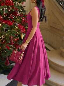 Elegant French Romantic Backless Hollow-Out Cinched Waist Sexy Charming Maxi Dress, Burgundy, Suitable For Christmas, Holiday Party, Date - 玫紅色 - 查看 5