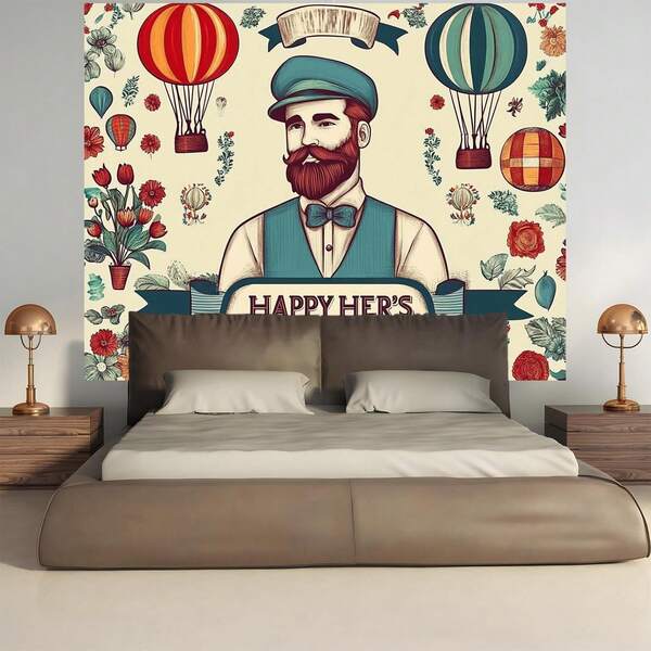 2D Flat Banner, Vintage Father's Day Celebration Background Horizontal Banner With Vibrant Hot Air Balloon And Floral Design, Text "Happy Father's Day", Suitable For Indoor Use