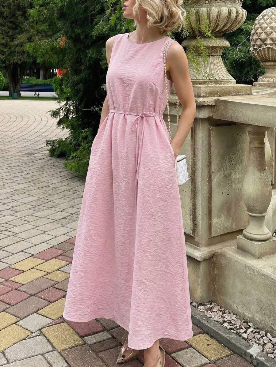 无袖系带亚麻质感优雅连衣裙，侧边口袋设计，简约时尚夏季/度假装扮，粉色 - 粉色 - 查看 1