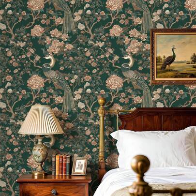 1卷复古孔雀花卉图案自粘壁纸，乙烯基材质，即撕即贴，经久耐用，易于安装，动物图案壁纸，深绿色花鸟图案壁纸，装饰墙贴，家居装饰，卧室，客厅，厨房壁纸