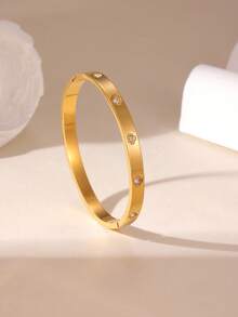 GEREIT 1件简约时尚18K不锈钢花朵、旭日、四叶草、锆石素面手镯，适合女士日常佩戴 - 彩色 - 查看 4