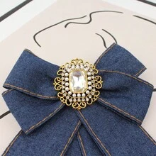 1pc Denim Pearl Rhinestone Crown Bow Brooch, Luxury Lapel Pin/Tie Clip, Suitable For Daily Wear - Blue - View 3