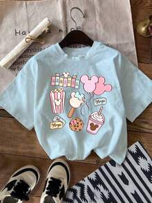 Disney Summer Tops,Disneyland Graphic Tee, Perfect For Cute Girls. Teen Girl Gift,Comfortable And Breathable Children's Short-Sleeved T-Shirt. 180g Pure Cotton Children's Clothes,Suitable For Both Boys And Girls.Suitable For Daily Wear, Vacations, Outdoor Activities, And As A Children's Gift. - 淺藍色 - 查看 2