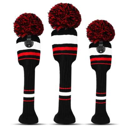  FINGER TEN Pom Golf Head Covers 1 Pack For Driver Fairway Hybrid, Stylish Colors Options Pom Stripes Pattern With Long Neck Design & Interchangeable Number Tag For Easy To Identify