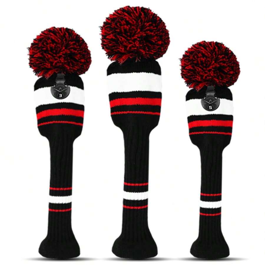 FINGER TEN Pom Golf Head Covers 1 Pack For Driver Fairway Hybrid, Stylish Colors Options Pom Stripes Pattern With Long Neck Design & Interchangeable Number Tag For Easy To Identify - Red - View 1
