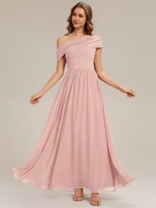 Đầm phù dâu màu hồng bằng vải chiffon thanh lịch, thiết kế cổ bất đối xứng, thích hợp cho tiệc tùng, đám cưới, kỳ nghỉ xuân/hè. - Hồng - Xem 4