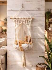 1 buc. Pat hamac decorativ suspendat pentru animale de companie, bej, stil boho, modern, nordic, în formă de leagăn, montat pe perete, cu detaliu nod țesut manual, accent lung cu ciucuri, coș confortabil pentru pisici, scaun de odihnă interior elevat pentru sufragerie, dormitor, balcon, colț de fereastră, mobilier pentru animale de companie, decorare casă, cadou pentru iubitorii de pisici - Bej - Vizualizare 7