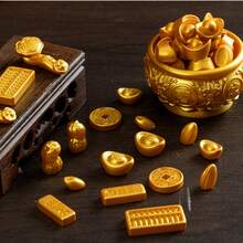 微缩逼真金色财富滚动微景观DIY新年金色饰品，元宝摇钱树装饰，迷你逼真金币，元宝，金条，算盘，如意，花生，大米，福罐，宝罐 - 金色 - 查看 5