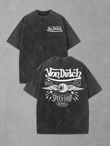 Camiseta de manga corta con cuello redondo, lavado vintage y sobredimensionada, con gráfico de insignia de calavera de águila Van Dutch - Algodón ligero y cómodo para atuendos casuales diarios y punk, regalo para fans góticos - Negro - Ver 1