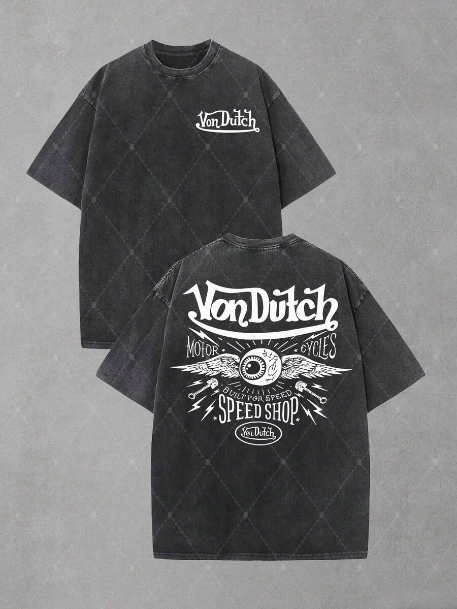 Camiseta de manga corta con cuello redondo, lavado vintage y sobredimensionada, con gráfico de insignia de calavera de águila Van Dutch - Algodón ligero y cómodo para atuendos casuales diarios y punk, regalo para fans góticos - Negro - Ver 1