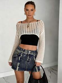 度假风露肩钩针编织上衣，女士镂空长袖街头风上衣 - 卡其色 - 查看 2