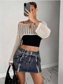 度假风露肩钩针编织上衣，女士镂空长袖街头风上衣 - 卡其色 - 查看 11