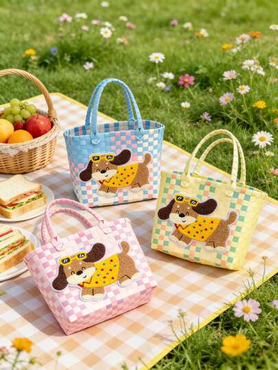 1pc Handwoven Picnic Basket With Dog Pattern, Natural Material Handcraft, Suitable For Spring Outing, Dual Handles Design, Applicable For Outdoor Camping, BBQ, Shopping, Home Storage, Home Decor, Fruit/Vegetable Storage, Living Room Tabletop Storage, Bedroom Decor Storage, Classroom/Office Storage