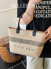 Túi tote bằng rơm dung tích lớn, túi đeo vai thanh lịch tối giản, thích hợp cho kỳ nghỉ của phụ nữ. - màu đen - Xem 5