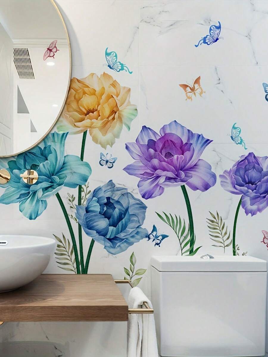 2pcs/Set Bedroom & Living Room Decorative Self-Adhesive Flower & Butterfly Wall Stickers, Spring - 1PC - View 1