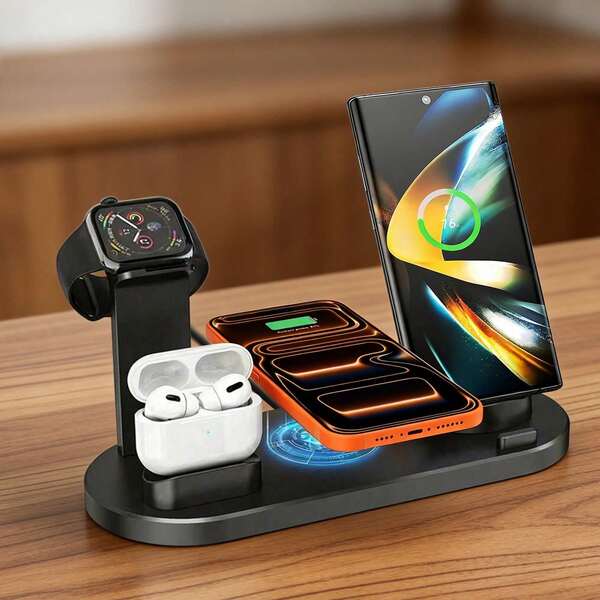 4-In-1 Wireless Charging Station, Multi-Device Desktop Charger Dock With Wireless Pad, Lightning, Type-C Ports For IPhone, Watches,Earbuds & Android Phones