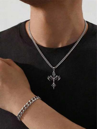 两件套时尚欧美嘻哈复古十字架吊坠男士项链和手链 - 独特的街头服饰配饰