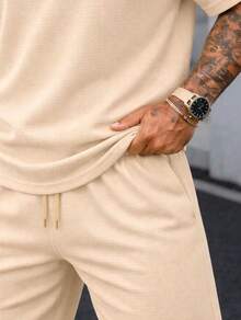 Textured T-Shirt And Shorts Set, 2-Piece Kit, New Release, Premium Fabric - Beige - View 4