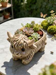 1个可爱高地牛树脂花盆 - 造型可爱的动物造型多肉植物小花盆，适用于阳台、栏杆、草坪边缘、仙境花园装饰、室内窗台和办公桌，采用耐用树脂工艺，质感逼真，是送给植物爱好者和高地牛爱好者的完美礼物。 - A - 查看 4