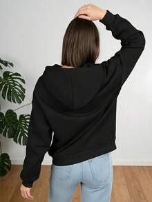 Moletom com capuz forrado em lã para homens/mulheres/casais, moletom minimalista oversized de cor sólida, moletom macio, confortável, quente, com cores firmes e resistente a bolinhas, blusa esportiva casual de camada dupla. - Preto - Ver 3