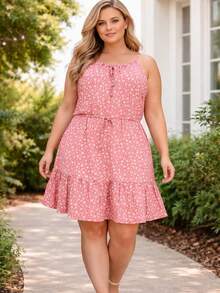 Plus Size Dress With Thin Straps, Duna Brand, All-Over Floral Print, Gathered Hem With Ruffle, Perfect For Vacation. - Rose Print - View 3