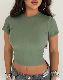Baby Look Short Sleeve Fitted Basic Comfortable Everyday Casual Corset Effect Glamour - Mint Green - View 3