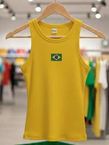 Women's Casual Ribbed Tank Top With Flag Print - Summer Copa Brasil - 黃色旗幟 - 查看 6