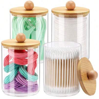 Bộ 4 hộp đựng tăm bông, hộp đựng phụ kiện phòng tắm 10 oz, chai nhựa trong suốt có nắp tre, có thể đựng tăm bông, chỉ nha khoa, v.v.