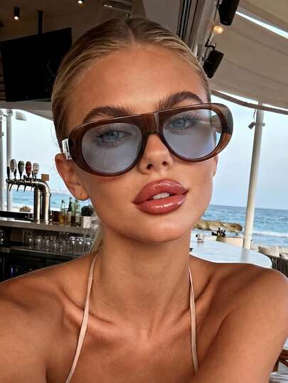 1 Pair Unisex Brown Aviator Frame Blue Lens Minimalist Sunglasses, Suitable For Driving, Street Photography, Shopping, Fits All Face Shapes, Fashionable Accessory For Summer Beach Vacation, Outdoor Activities And Travel