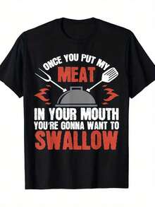 [Camiseta Divertida con Chiste de BBQ] Camiseta cómoda de algodón con chiste de BBQ para hombre - Manga corta, cuello redondo, gráfico humorístico - Perfecta para todas las estaciones - Negro - Ver 2