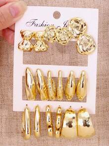 新款女士耳环套装，欧美INS风树脂几何水滴熊耳环组合 - 金色 - 查看 4