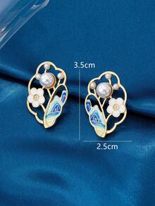 1 Pair Fresh & Sweet Enameled Floral Pearl French Style Versatile Retro Earrings, Natural & Fashionable Chinese Chic Design - Blue Color - View 4