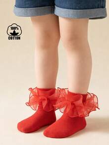 1 Pair Cotton Baby Girls' Socks With Big Lace Ruffle, Princess Ballet Dance Socks - Red - View 9