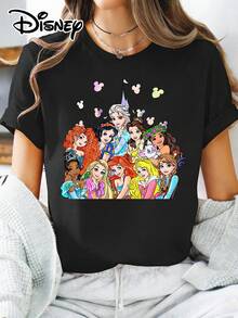 Disney Official Authorization | Women's Street Casual Short-Sleeve T-Shirt, Featuring A Print That Brings Together Multiple Princesses, Including Classic Characters Like , , And Merida, Along With A Dreamy Castle And  Balloon Elements. This Versatile Casual Piece Is Made Of Opaque Fabric, Is Machine Washable, And Is Perfect For Spring And Summer Wear. - màu đen - Xem 1