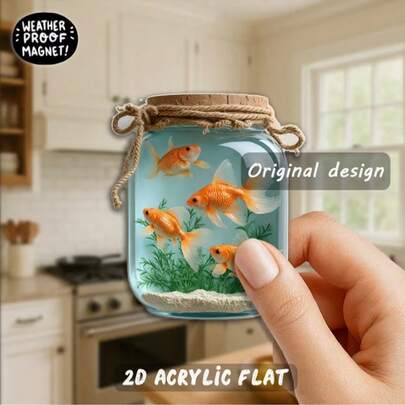 2D Flat, 1pc. 2D Flat Acrylic With Rubber Magnet - Charming Goldfish Decor With Greenery, Vibrant Colors, Durable Acrylic Decoration, Suitable For Kitchen, Dining Room Or Home - Nature Lovers, Birthday, Anniversary, Kitchen Decor, Fun Design, 2D Flat