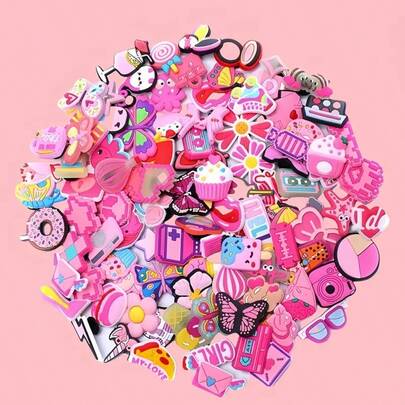 10/20/30/40/50/80/100/200pcs Random Pink Fashion Shoe Decor Set, DIY Shoe Accessories, PVC Material, Assorted Cute Charms, Suitable For Customizing Shoes
