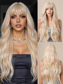 26" Machine Made Champagne Blonde Body Wave Wig With Bangs, High Temp Fiber Voluminous Wig With Adjustable Stretchy Cap - Gold - View 6