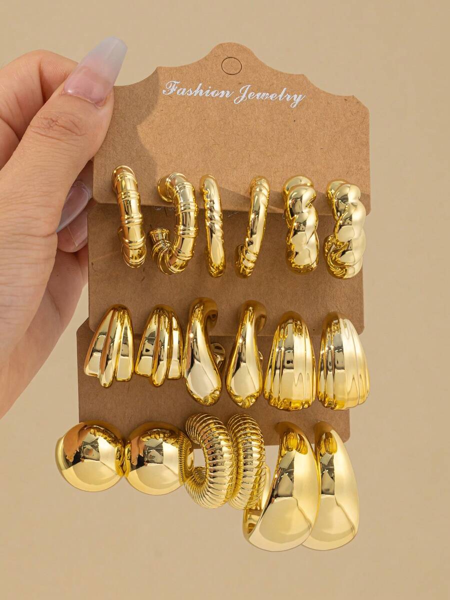 6-18 pièces Ensemble de boucles d'oreilles dorées pour femmes, boucles d'oreilles épaisses hypoallergéniques et clous, convient pour le port quotidien, les festivals, les fêtes, meilleur cadeau 2026 - Doré - Voir 1